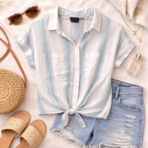 Pastel Stripe Tie Front Button Down Blouse S Petite Lightweight